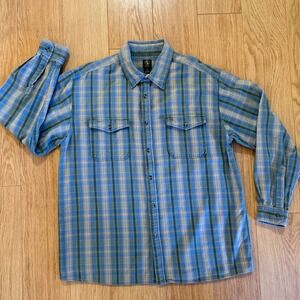 Aigle Flannel Button Down Mens XL Blue Plaid Retro Long Sleeve Cotton Shirt